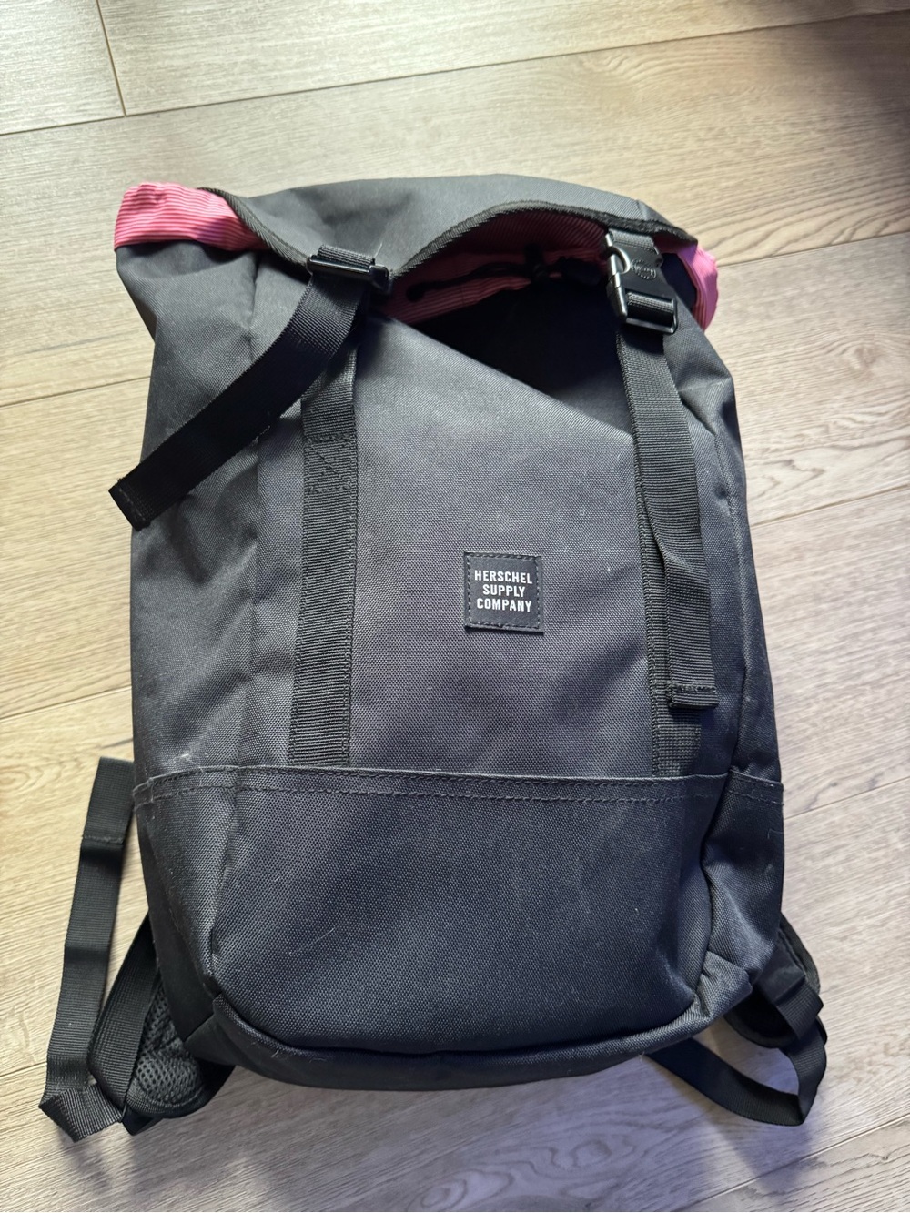 Herschel Supply Co Roll Top Backpack Black w/ Red Striped Lining